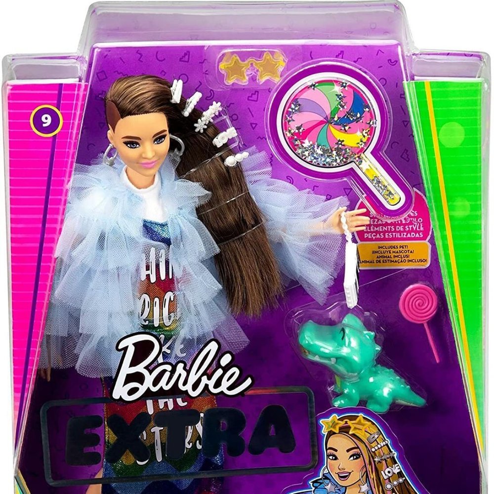 Barbie Extra Doll #9 in Floral in in Blue Ruffled Jacket with Pet Crocodile